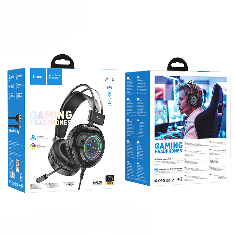 Hoco gaming headphones packaging with headset illustration on a white background