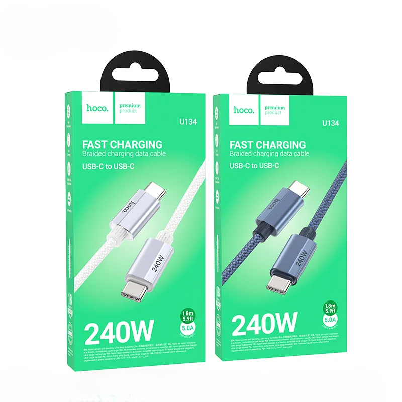 Two hoco USB-C to USB-C charging cables in green packaging on a white background