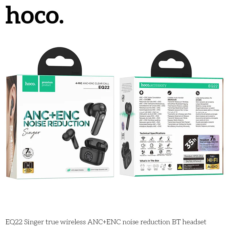 Hoco true wireless ANC+ENC noise reduction BT headset packaging on a white background