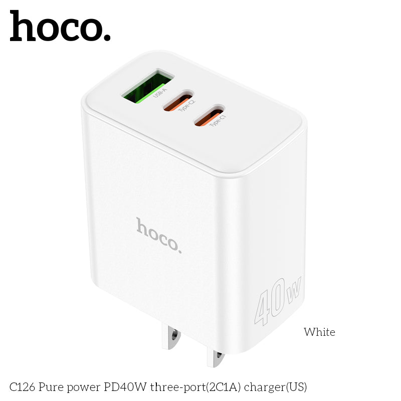 HOCO C126 Pure Power Charger – PD40W, 2x Type-C + USB-A QC3.0