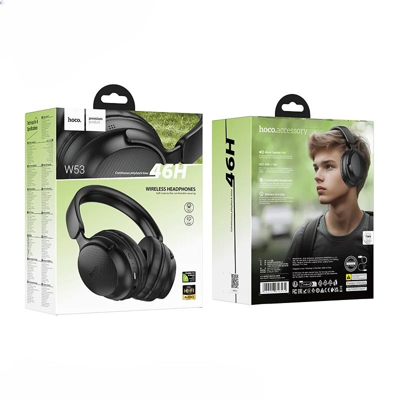 Hoco W53 wireless headphones packaging with a person wearing the headphones on a white background