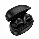 Black wireless earbuds in an open case on a white background