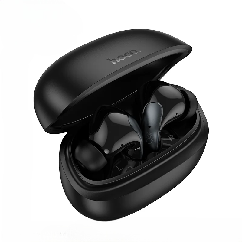Black wireless earbuds in an open case on a white background