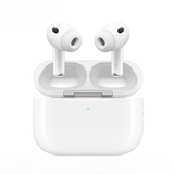White wireless earbuds with charging case on a white background