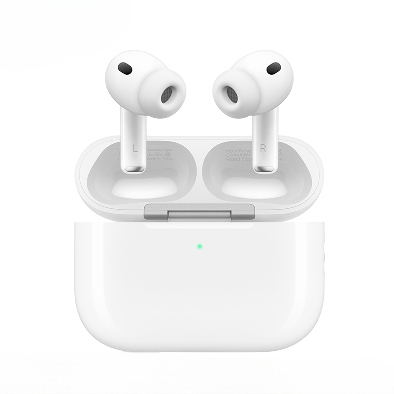 White wireless earbuds with charging case on a white background