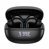 Black wireless earbuds in a charging case with digital display on a white background