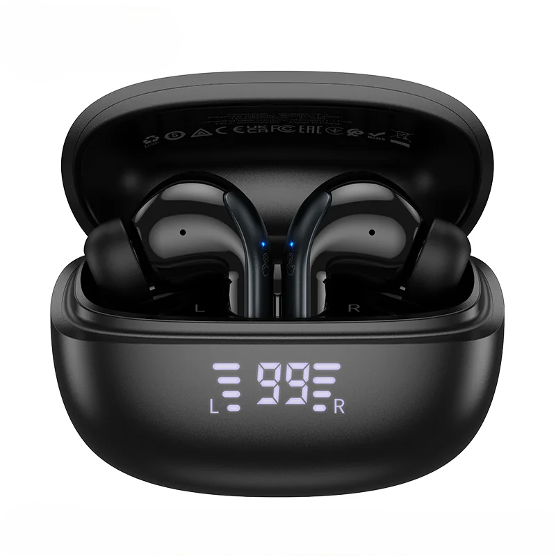 Black wireless earbuds in a charging case with digital display on a white background