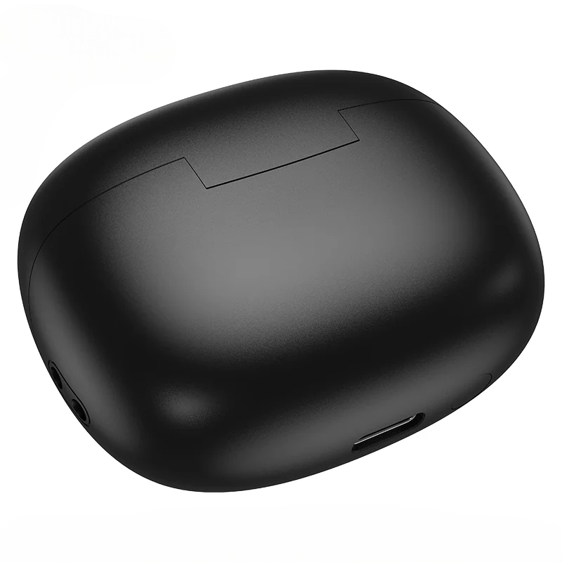 Black wireless earbud case on a white background
