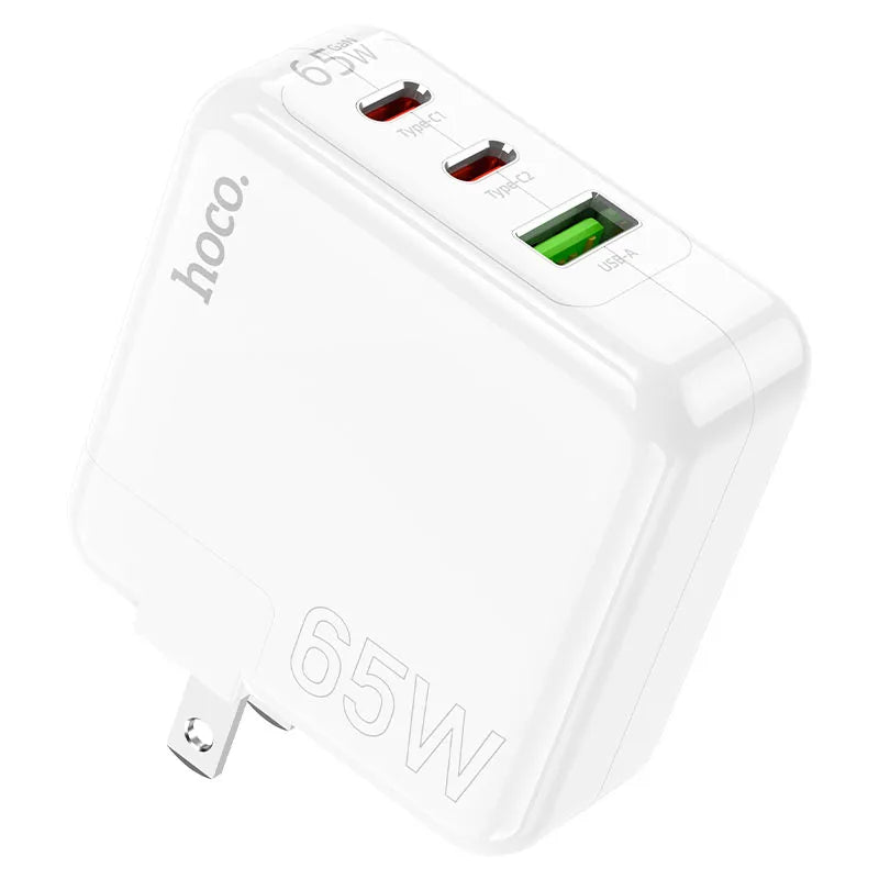 65W power adapter with multiple ports on a white background
