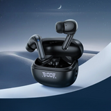 True wireless earbuds with charging case on a gradient blue background