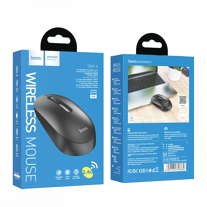 Hoco wireless mouse packaging with blue background and product image.