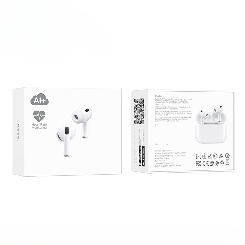 White wireless earbuds with packaging on a white background