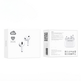 White wireless earbuds with packaging on a white background