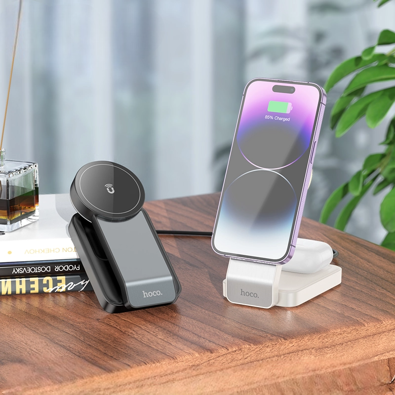 Wireless chargers on a wooden surface with a blurred background