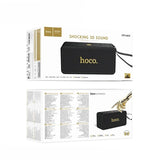 Hoco Bluetooth speaker packaging with product image and specifications on a white background