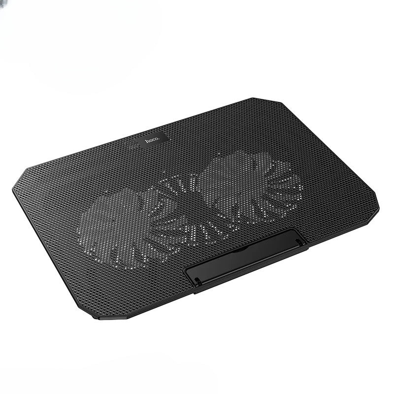 Black laptop cooling pad with fans on a white background