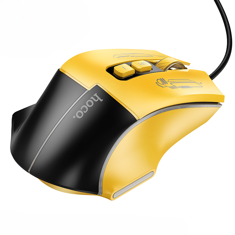 Yellow and black computer mouse with 'Hoco' branding on a white background