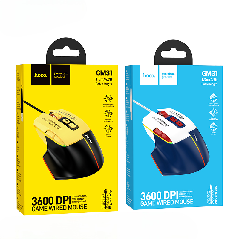 Two packaging boxes for hoco game wired mice on a white background