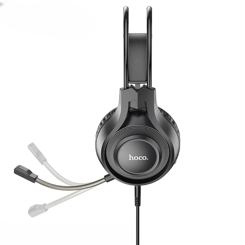 Black gaming headset with microphone on a white background, featuring the brand 'hoco'.