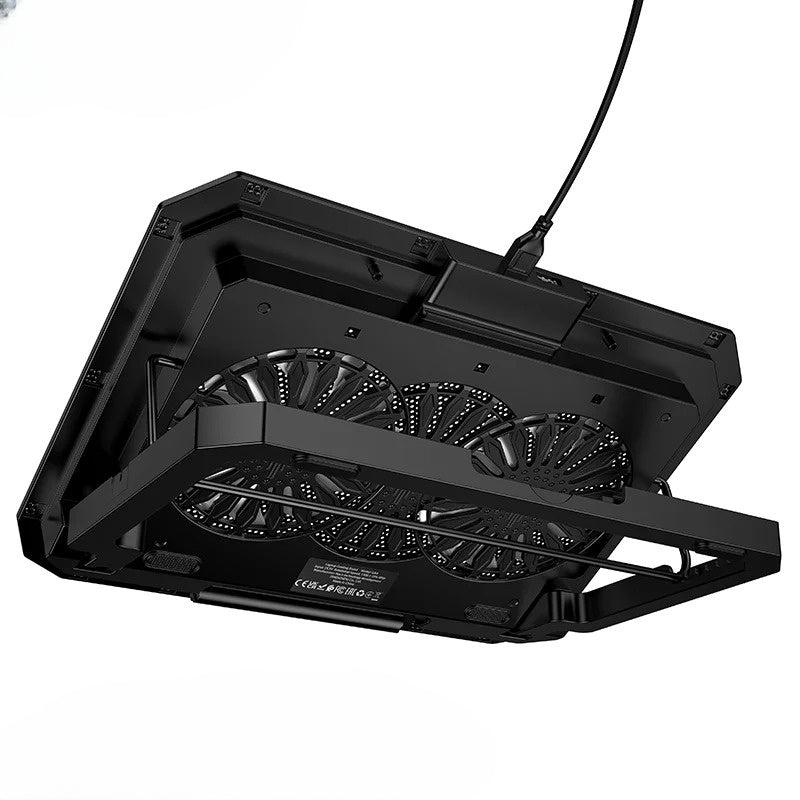 Black laptop cooling pad with multiple fans on a white background