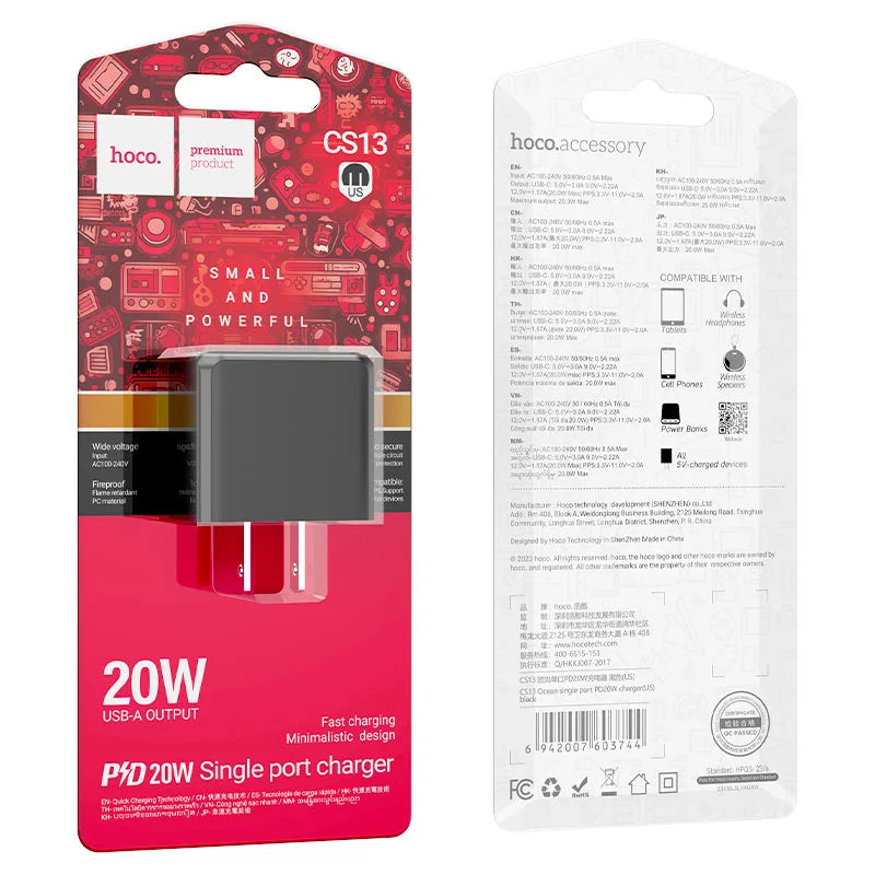 Hoco USB charger packaging with red and white design on a white background