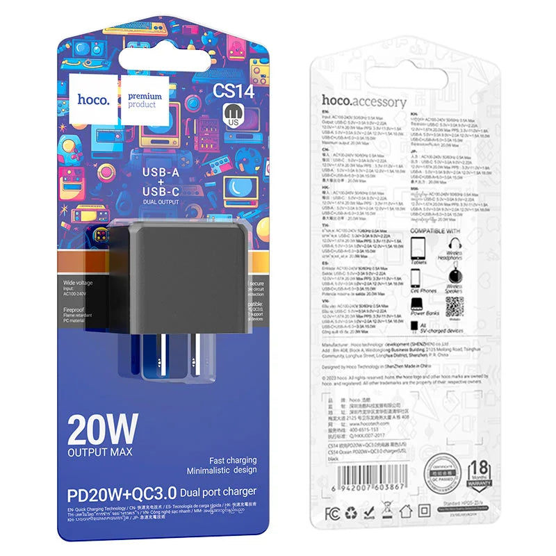 Hoco USB charger packaging with colorful front and white back displaying product details.