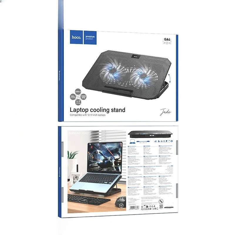 Laptop cooling stand packaging with product image and features on a white background