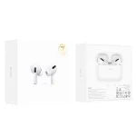 White earbuds with charging case on a white background