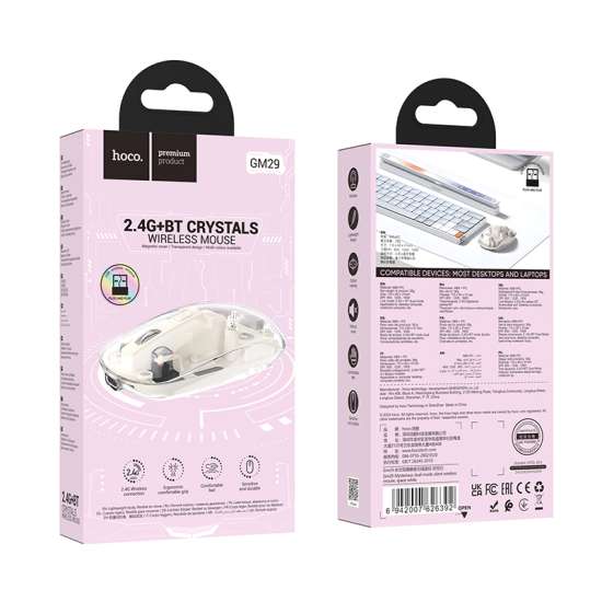 HOCO GM29 Mysterious Dual-Mode Transparent Wireless Silent Mouse – BT + 2.4G (White)