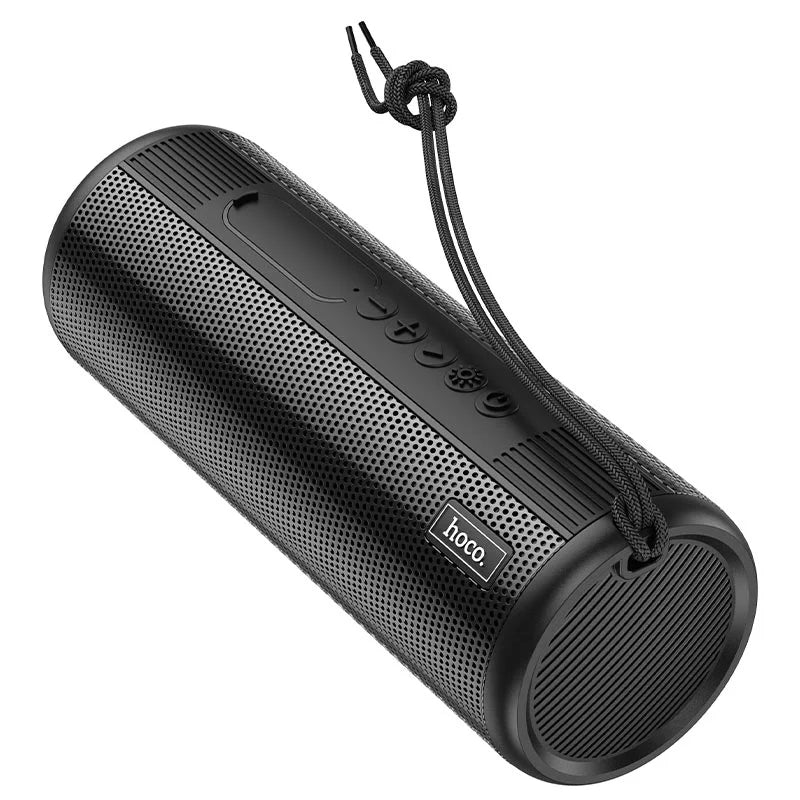 Black portable speaker with a rope attachment on a white background