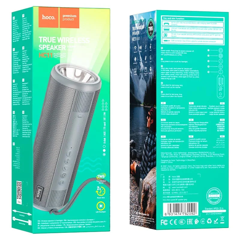 Hoco True Wireless Speaker packaging with front and back views on a white background