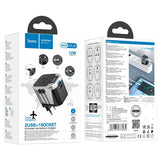 Hoco travel adapter packaging with product and specifications on a white background