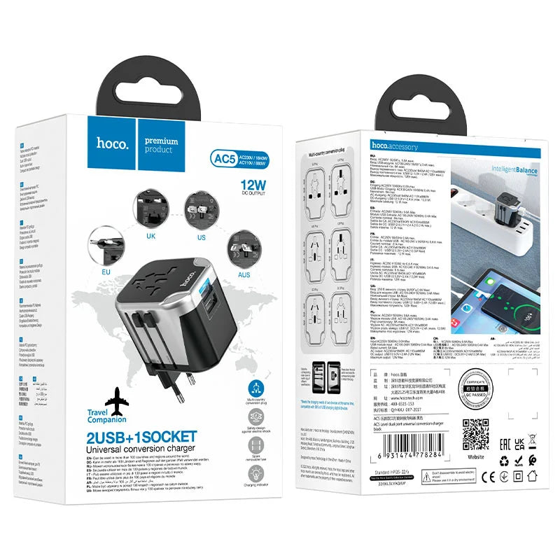 Hoco travel adapter packaging with product and specifications on a white background