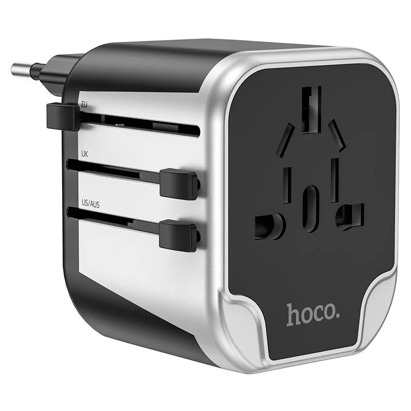 Travel adapter with multiple plug sockets on a white background, featuring the brand 'hoco'.