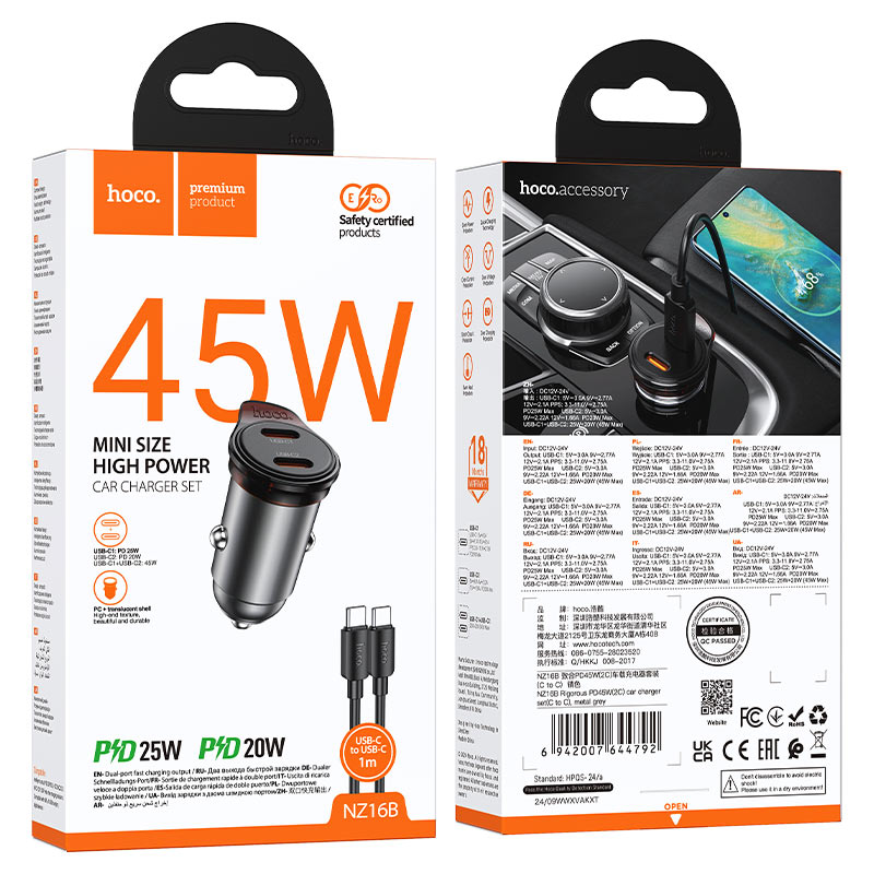 HOCO NZ16B Rigorous 45W Dual USB-C Car Charger
