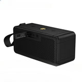 Black portable speaker with a strap on a white background