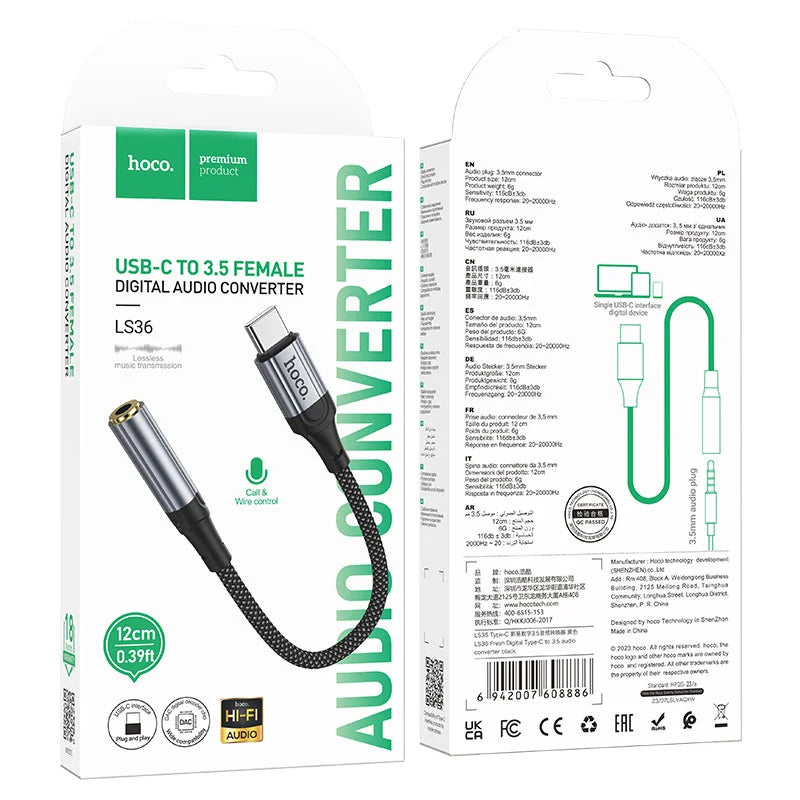 Hoco USB-C to 3.5mm digital audio converter with packaging on a white background