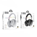 Two packages of Hoco headphones with white and black models on a white background