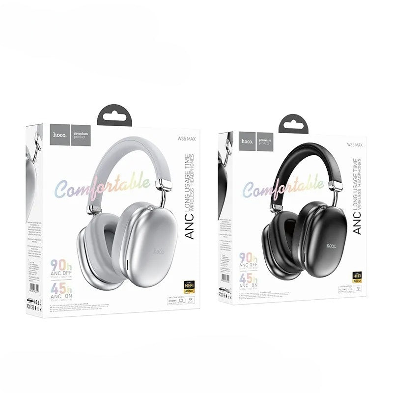 Two packages of Hoco headphones with white and black models on a white background