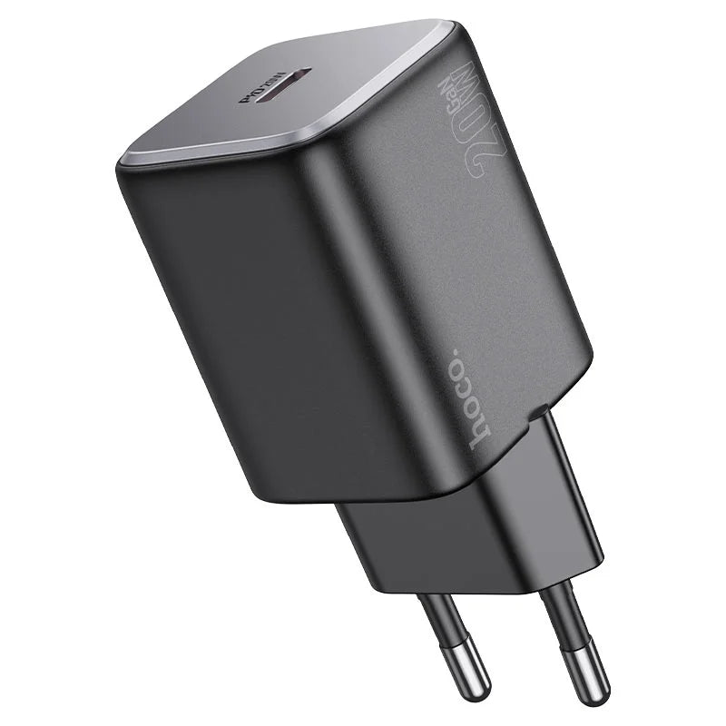 Black and silver Hoco USB charger on a white background