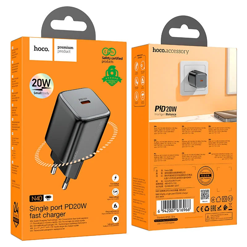 Orange packaging of a fast charger with 'hoco.' branding on a white background