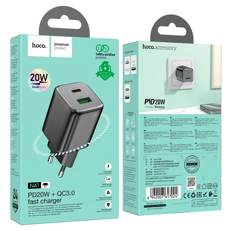 Two packaging boxes for a hoco PD20W fast charger on a white background