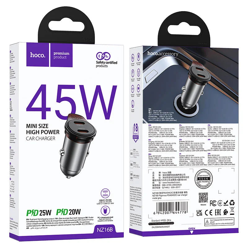 Hoco 45W car charger packaging with front and back views on a white background