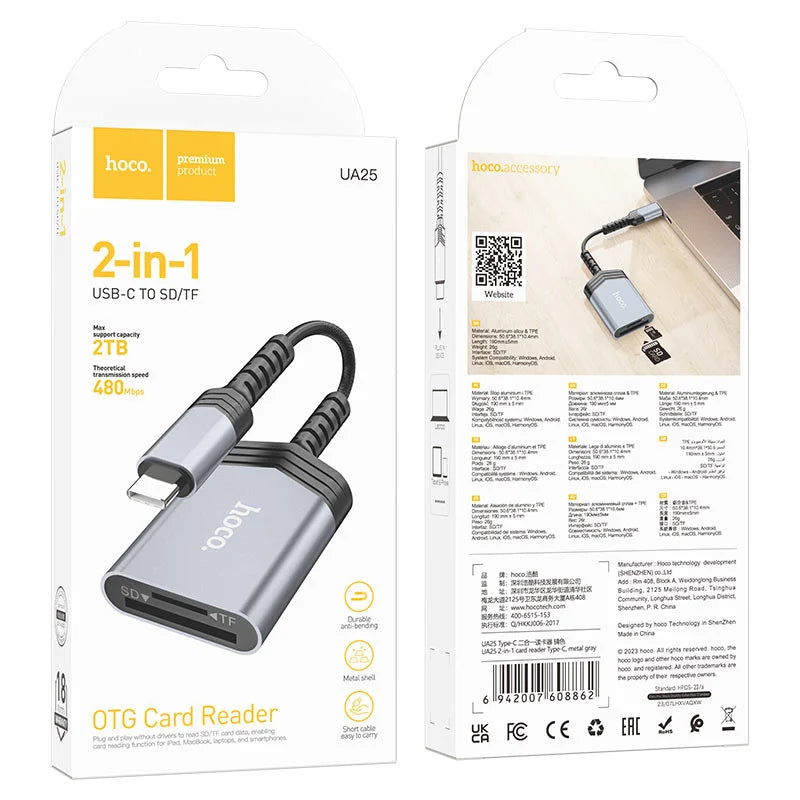 Hoco 2-in-1 USB-C to SD/TF OTG card reader with packaging on a white background